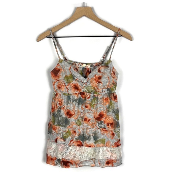 Y2K Babydoll Jersey Knit Gray Orange Floral Print and Lace Camisole MED - Picture 1 of 9